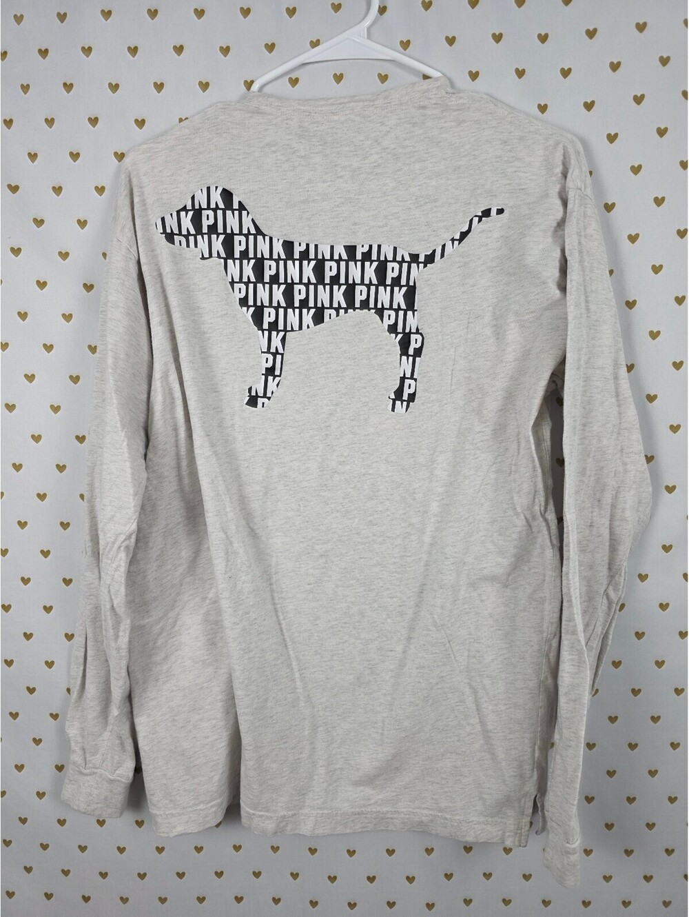 Victorias Secret PINK Dog Logo Long Sleeve Campus Tee Shirt pocket LARGE